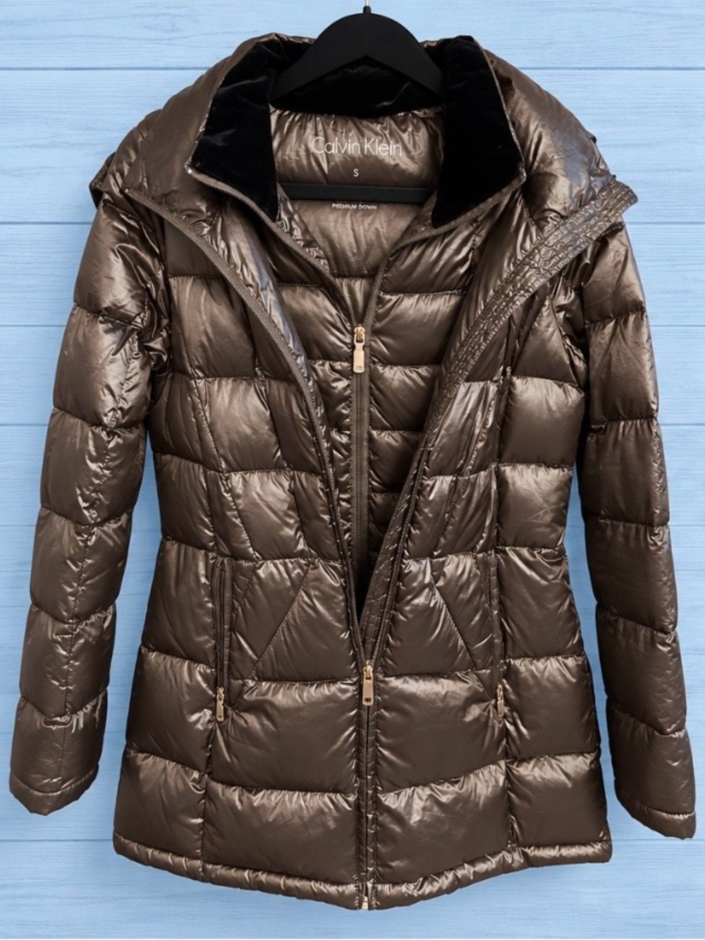 Calvin Klein Metallic Chocolate Brown Premium Down Puffer Coat